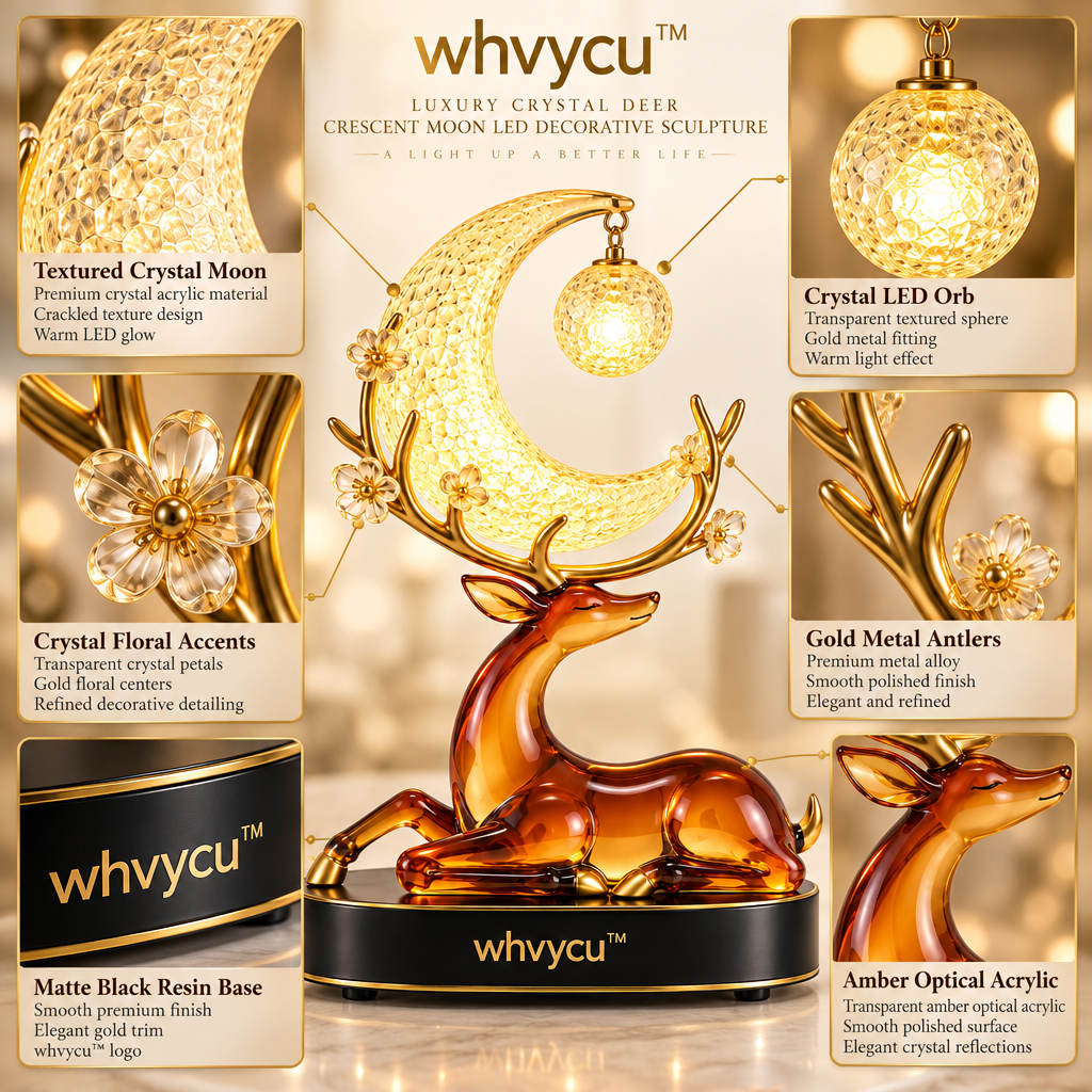 Whvycu™ Luxury Crystal Deer Crescent Moon LED Decorative Sculpture