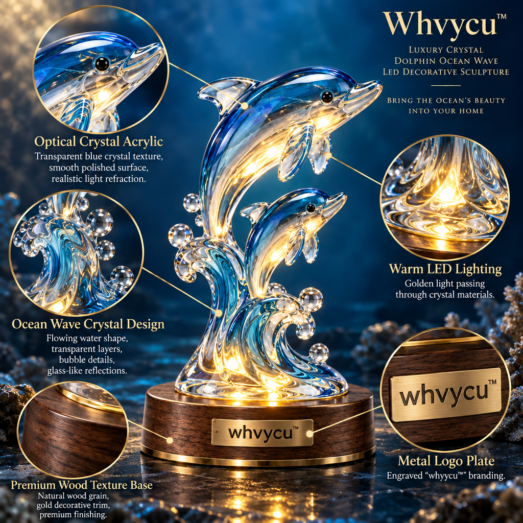 Whvycu™ Luxury Crystal Dolphin Ocean Wave LED Decorative Sculpture